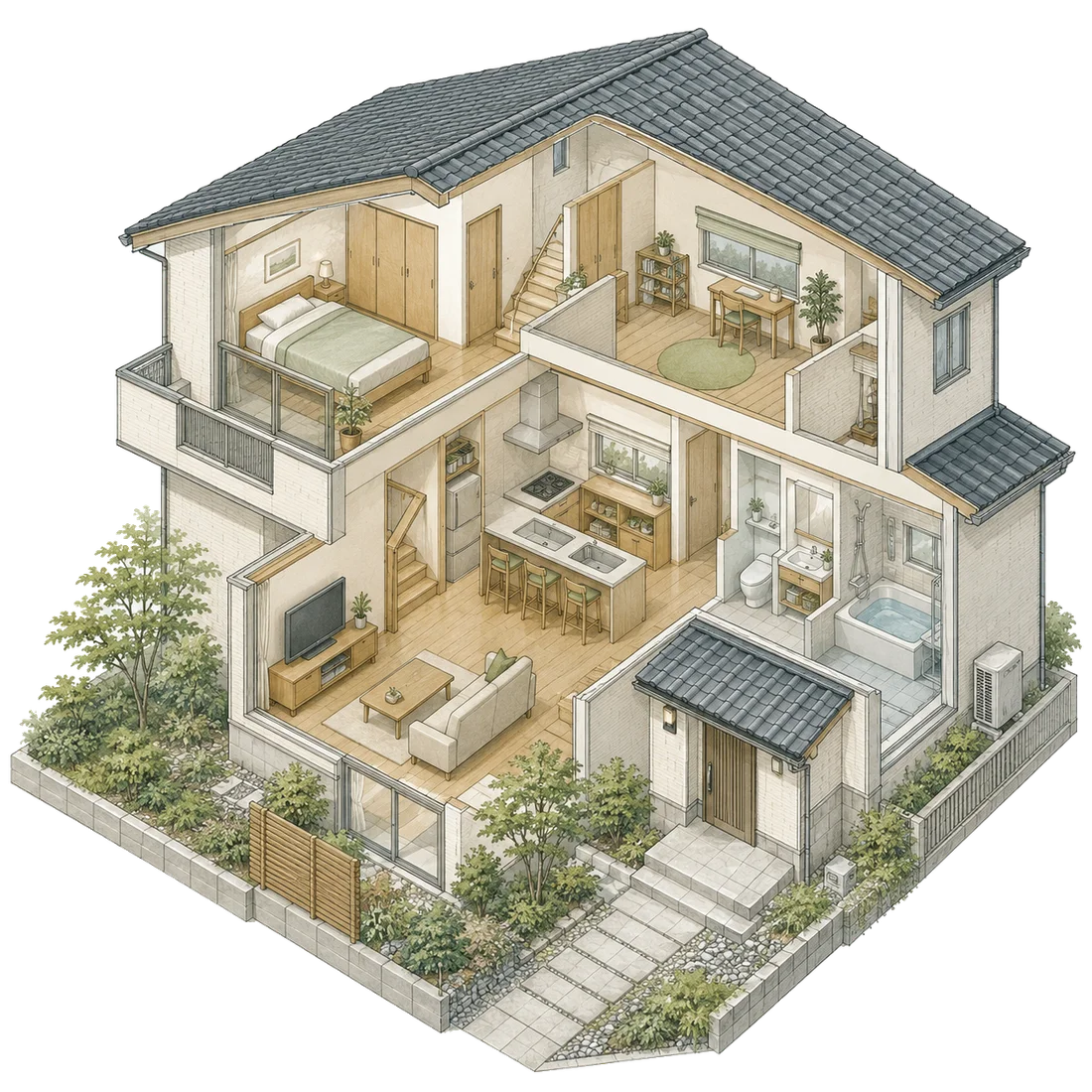 水まわりから屋根・外構までを見渡せる住まいの断面イラスト